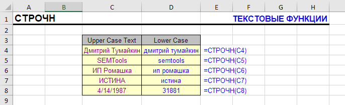 Функция СТРОЧН в Excel