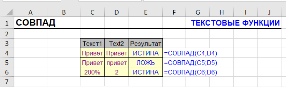 функция СОВПАД - примеры