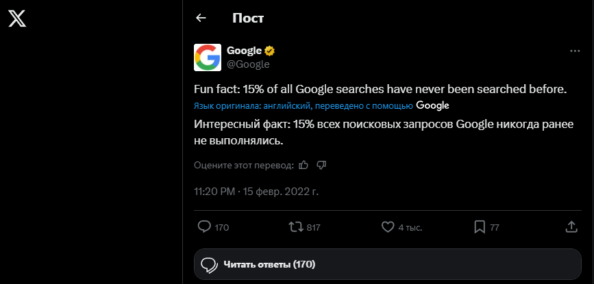 15% из всех поисковых запросов Google никогда ранее не выполнялись