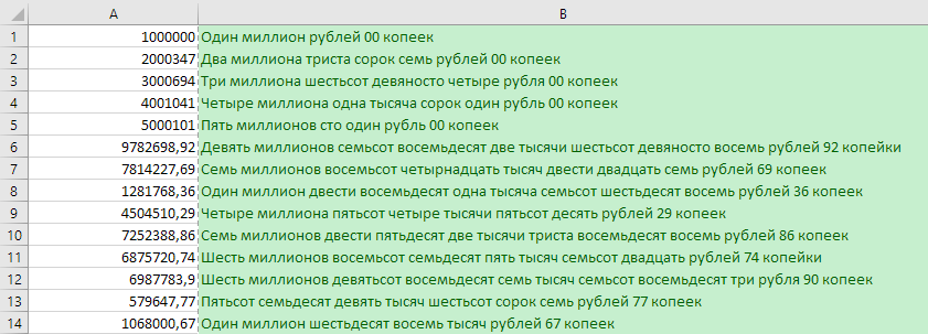 Сумма прописью с копейками в Excel, примеры