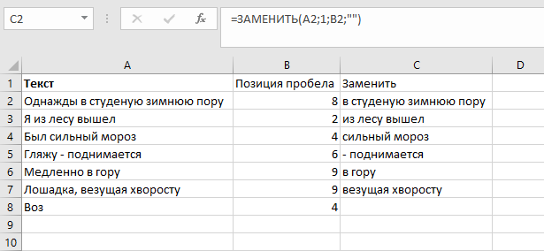 Удалить первое слово в Excel - процесс создания формулы