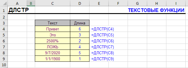 функция ДЛСТР - простейшие примеры