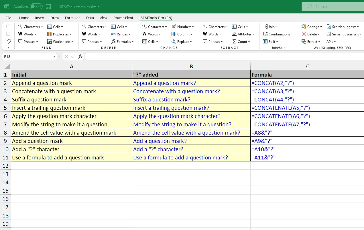 add text to Excel cells with !SEMTools for Excel