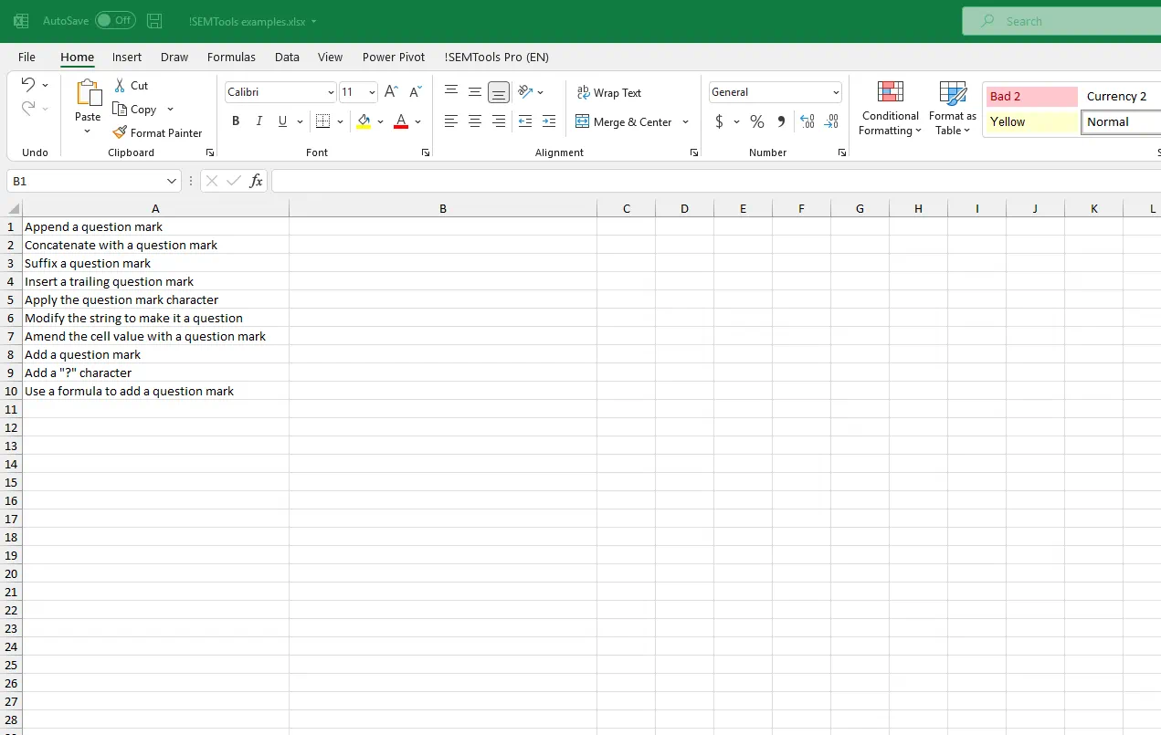 using different formulas to add text to several cells in Excel