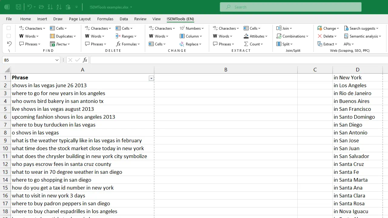 Delete a list of phrases from text in Excel