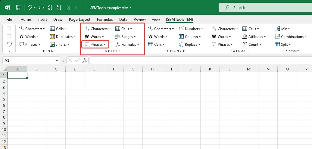 Delete Phrases menu in Excel with !SEMTools for Excel add-in