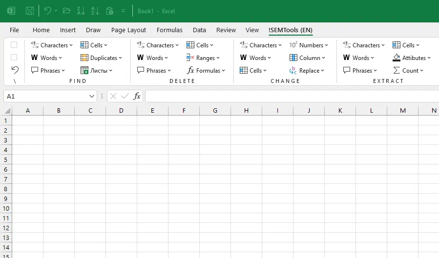 Find cells menu in Excel with !SEMTools add-in