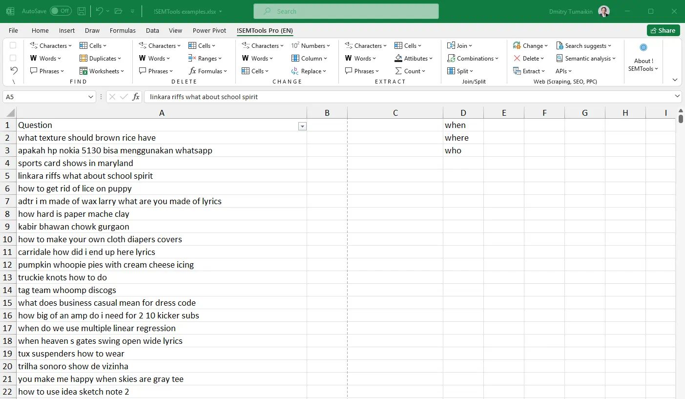 Find cells that contain any words from list