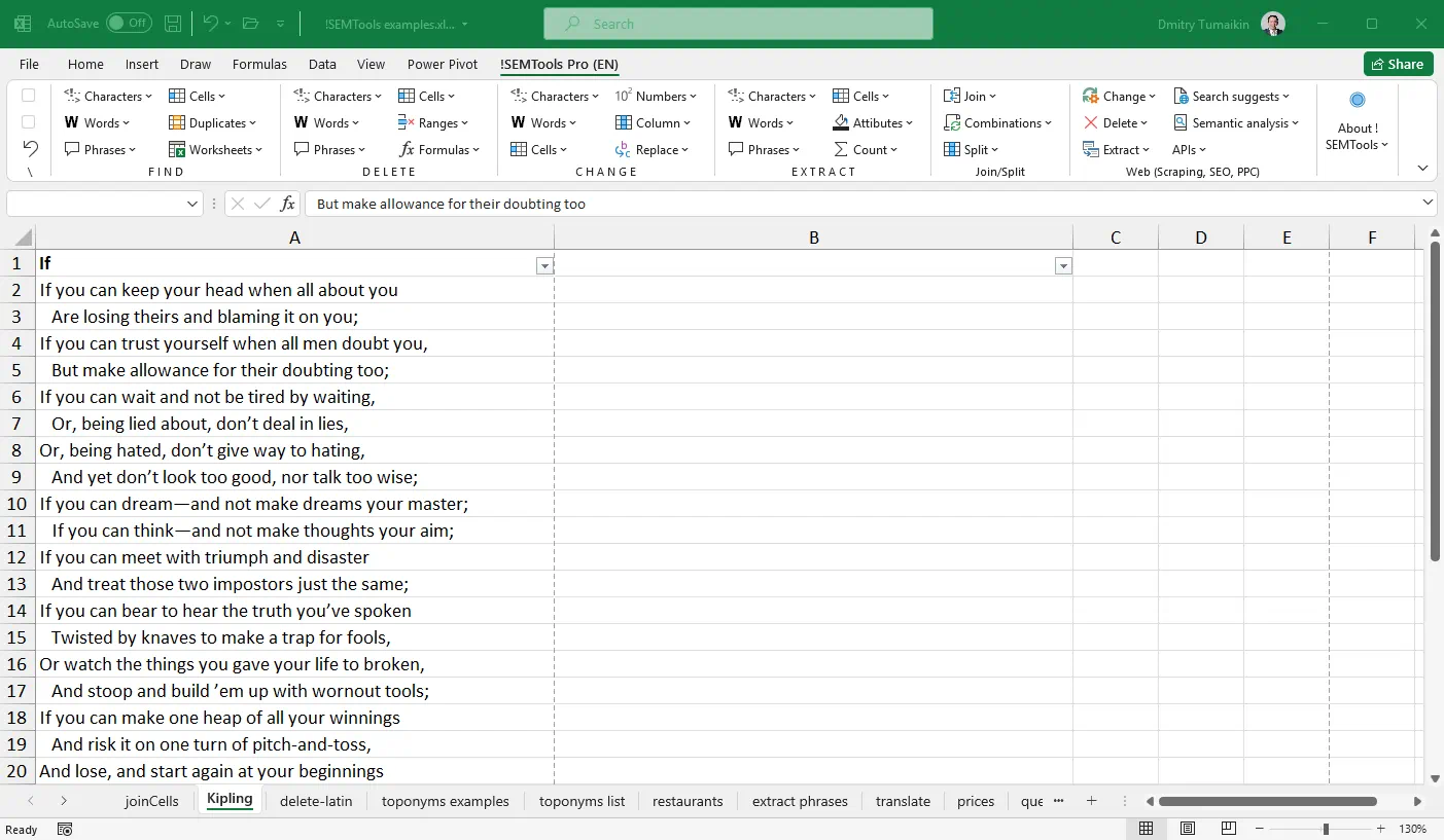 Find word in cells with !SEMTools for Excel