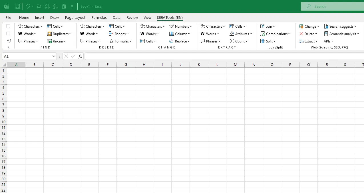 "Find words" menu in Excel with !SEMTools for Excel add-in