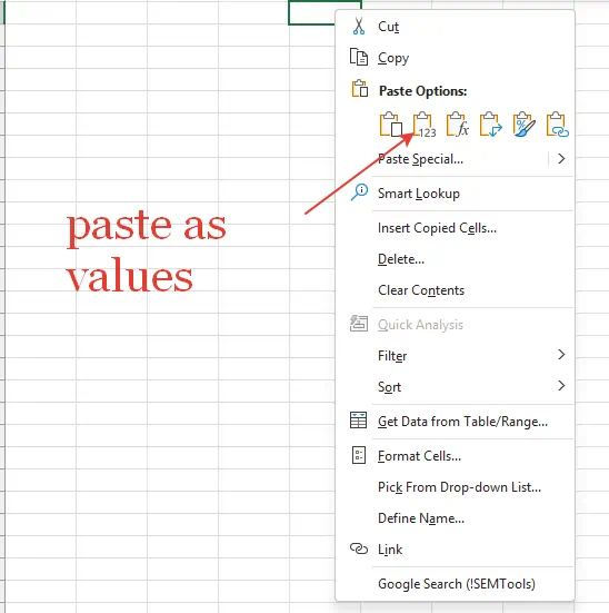 remove formulas using paste as values command in context menu