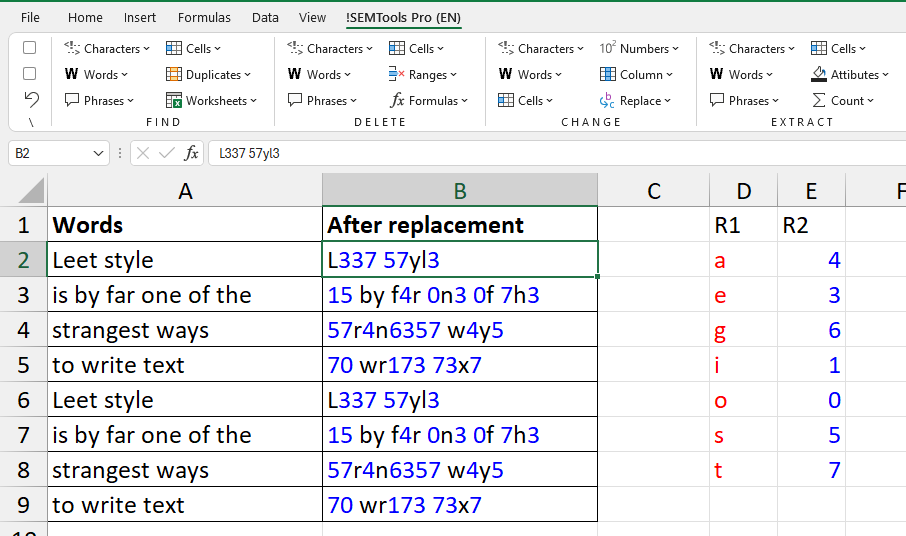 Bulk replacement example in Excel