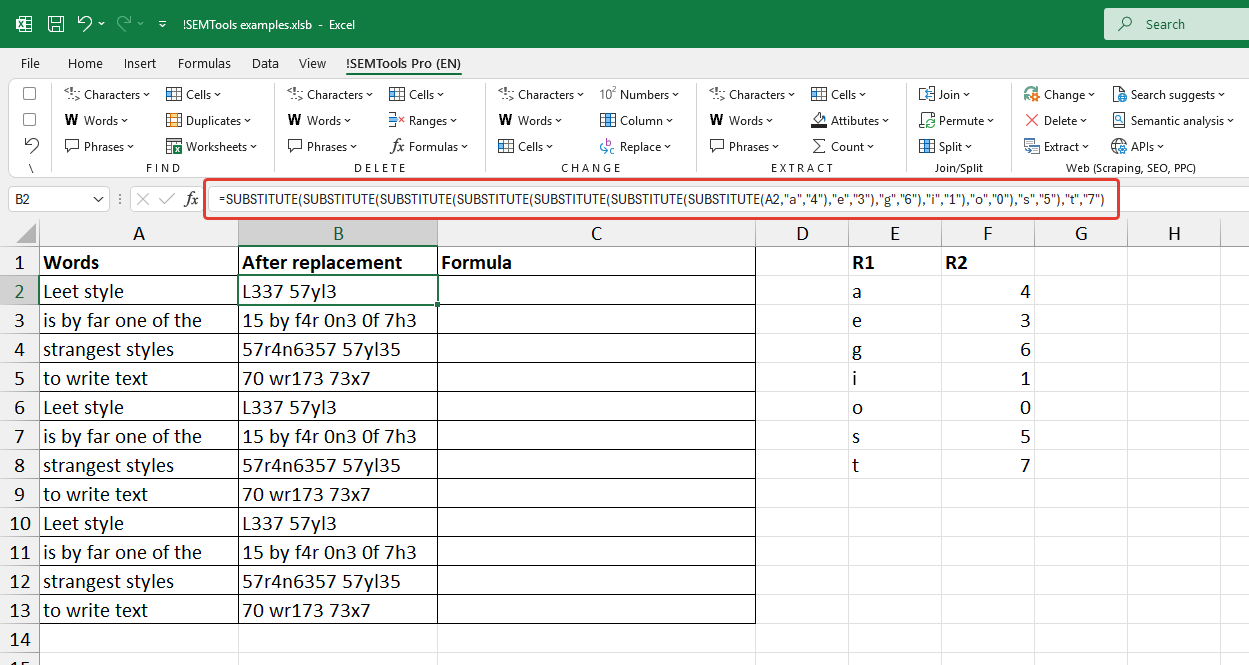 Multiple replacements with SUBSTITUTE in Excel