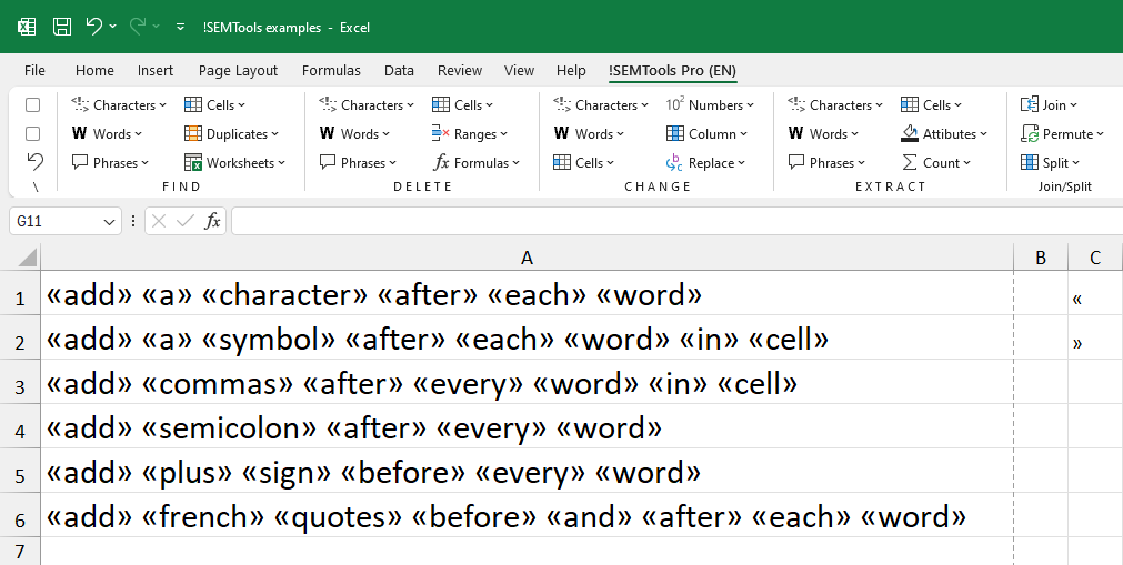 Symbols before and after each word in Excel cells