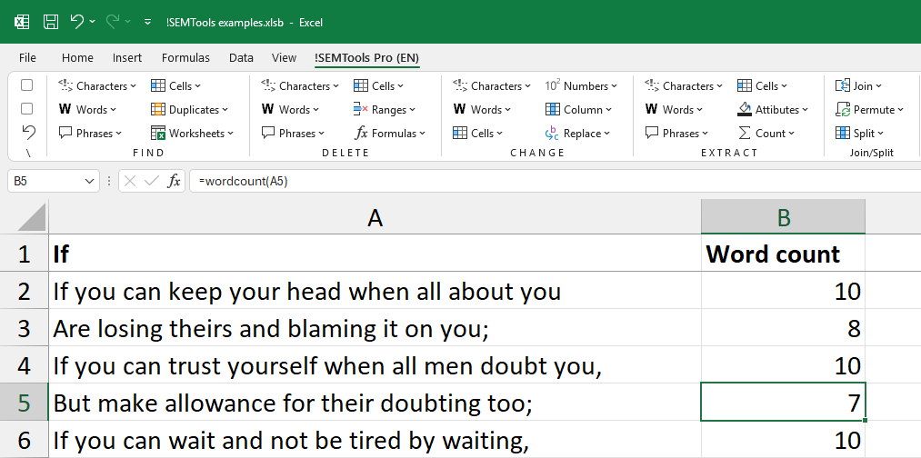 Count words in Excel - examples