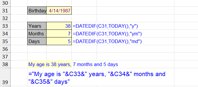 DATEDIF in compound formula for text representation of age - years, months, days