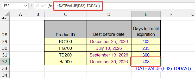 DATEVALUE real-world example calculating days until expiration