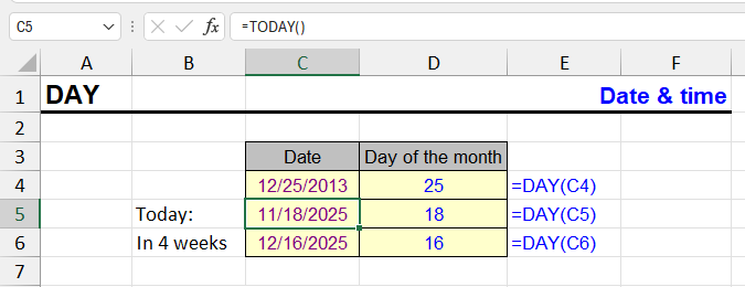 Excel DAY function - extract day from date