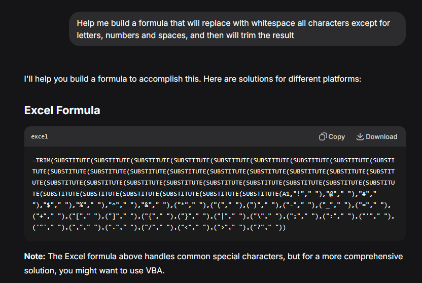 Deepseek giving advice on formulas in Excel.