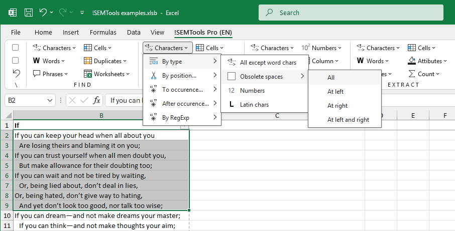 Delete extra spaces in Excel