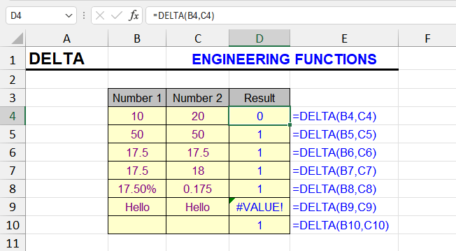 DELTA function in Excel - equality testing examples