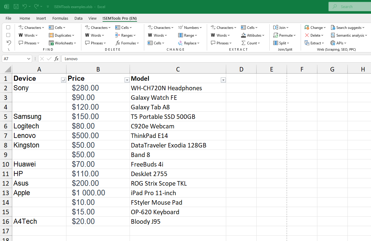 Fill empty cells with values below in Excel using !SEMTools