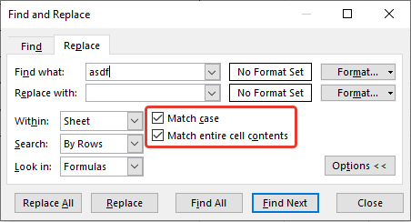 Find and Replace options in Excel - Match case and Full match