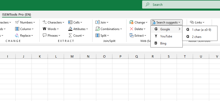 Google search suggestions scraping menu in !SEMTools for Excel add-in