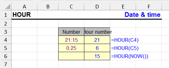 HOUR function in Excel - formula examples