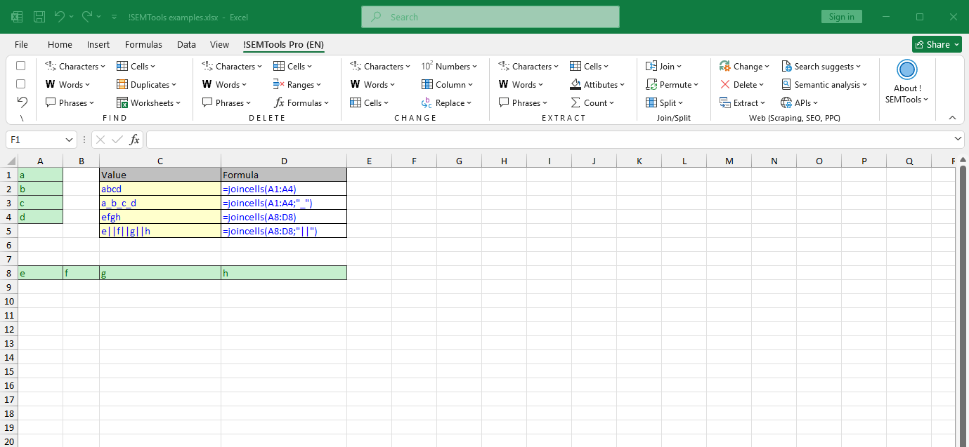 Joining and splitting tools in !SEMTools for Excel