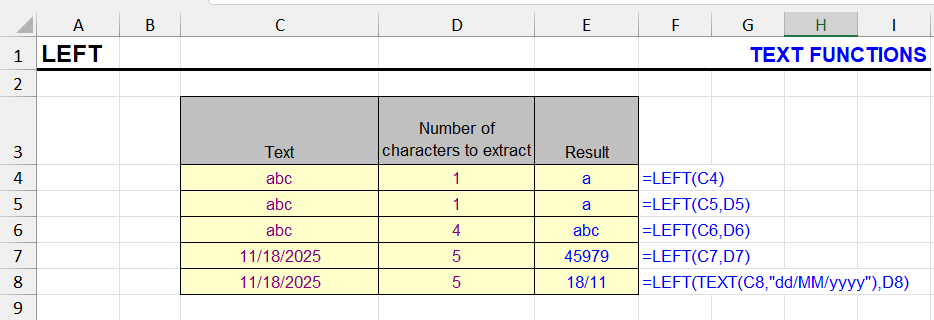 LEFT function simple examples in Excel