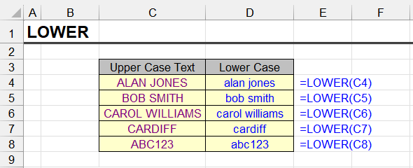 Excel LOWER function usage examples
