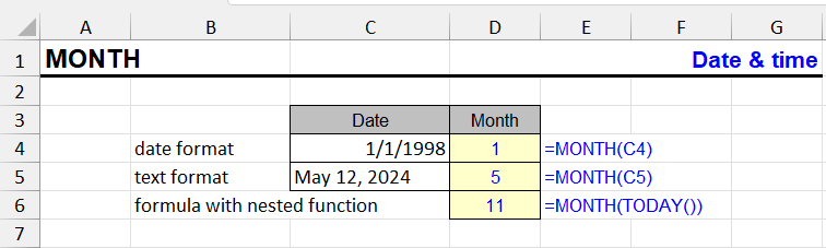 MONTH function in Excel with formula usage examples