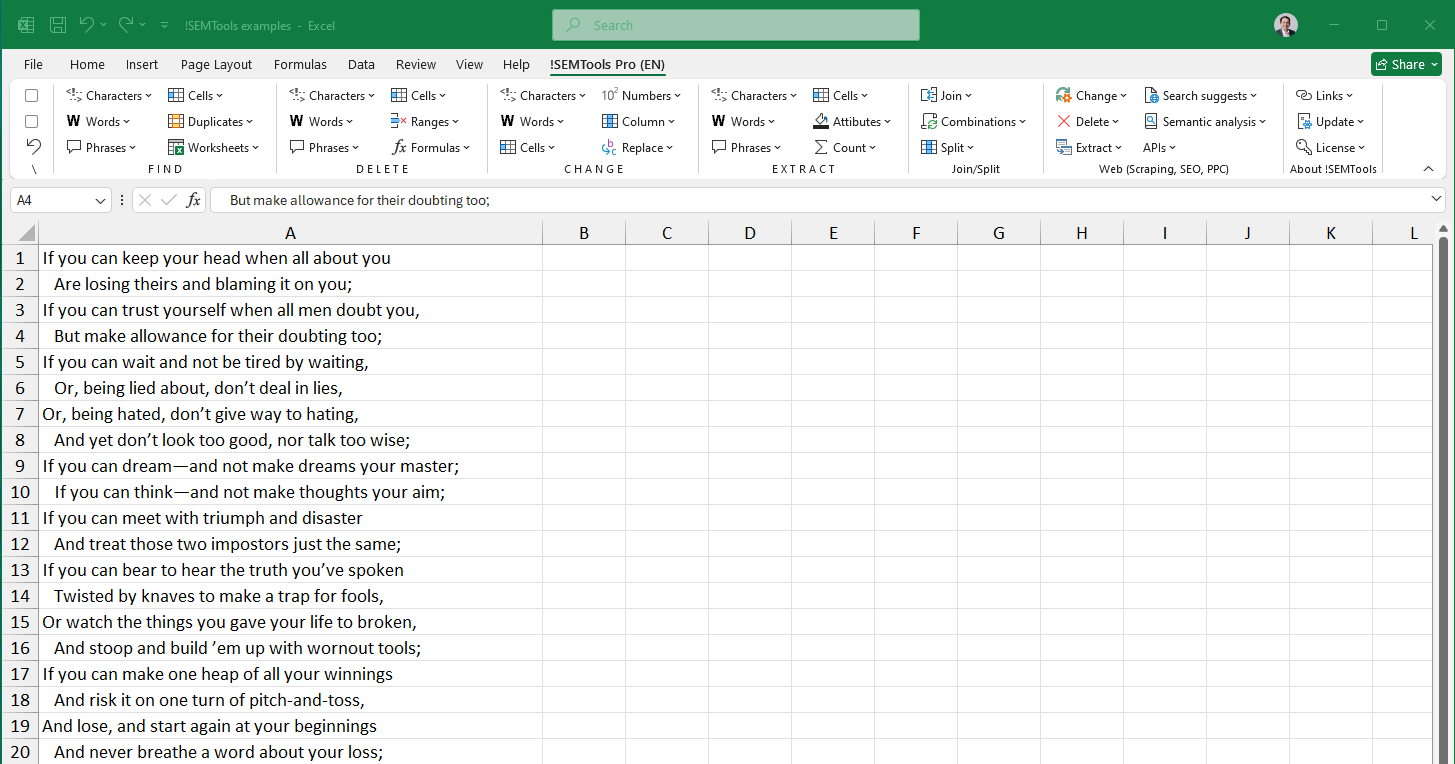 n-gram word frequency dictionary in Excel
