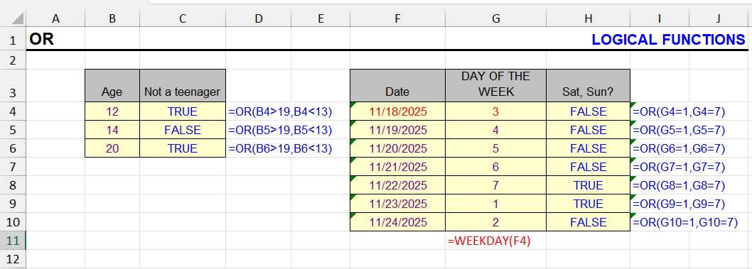OR function in Excel - logical condition examples