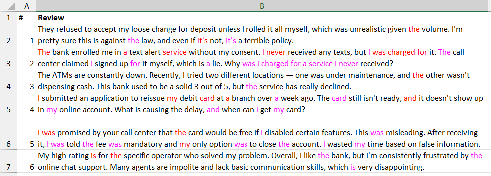 Repeated words inside cells in Excel. First of repeated is red, 2nd and further are magenta