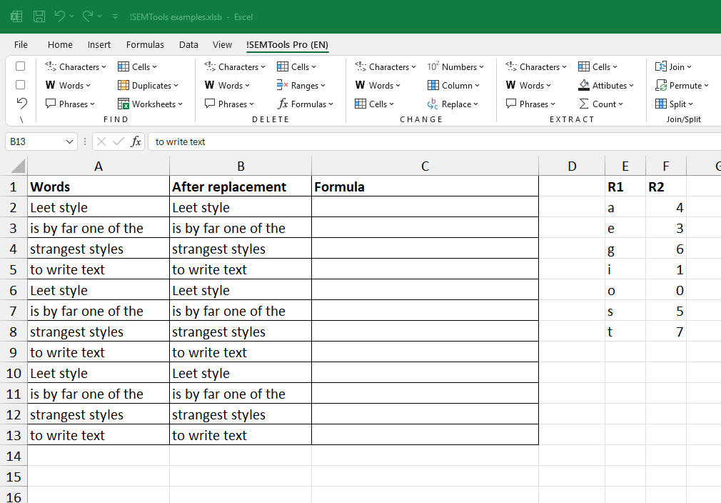 Replacement tools in SEMTools for Excel
