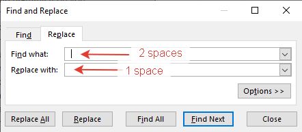 Remove extra spaces in Excel using Find and replace tool