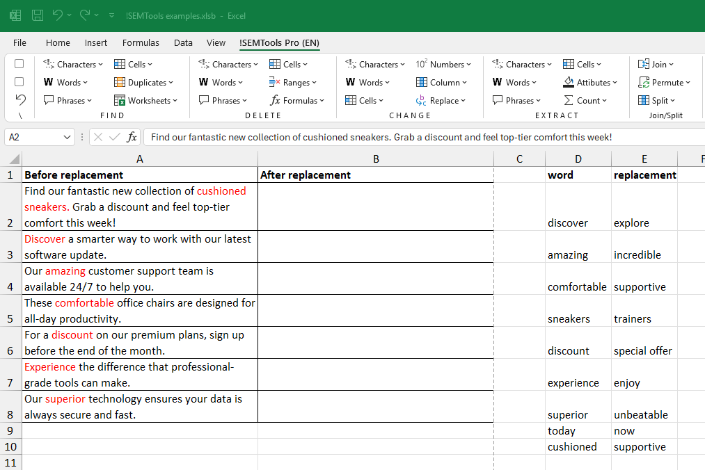Replacing multiple words with their synonyms in Excel