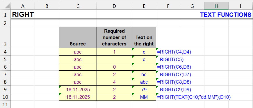 RIGHT function in Excel, simple examples