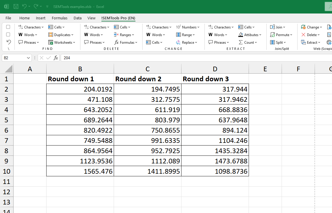 Rounding numbers down with !SEMTools for Excel