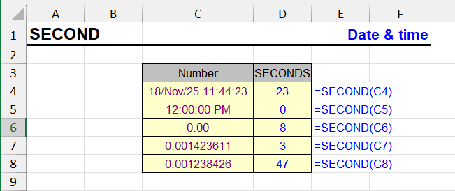 SECOND function in Excel, formula examples