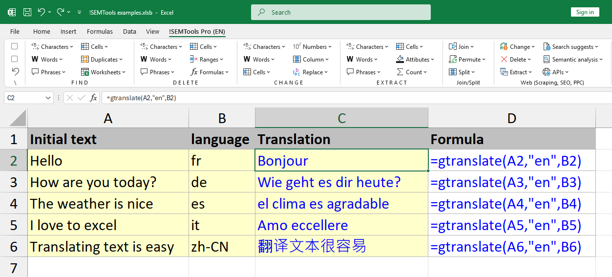 Translating text from English to Spanish, French, German, and more in Excel - formula examples