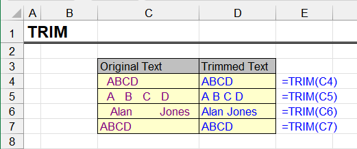 TRIM function in Excel, examples
