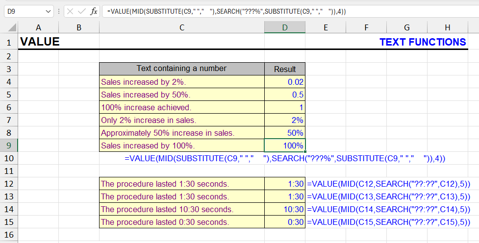 VALUE function in Excel - text to number conversion examples