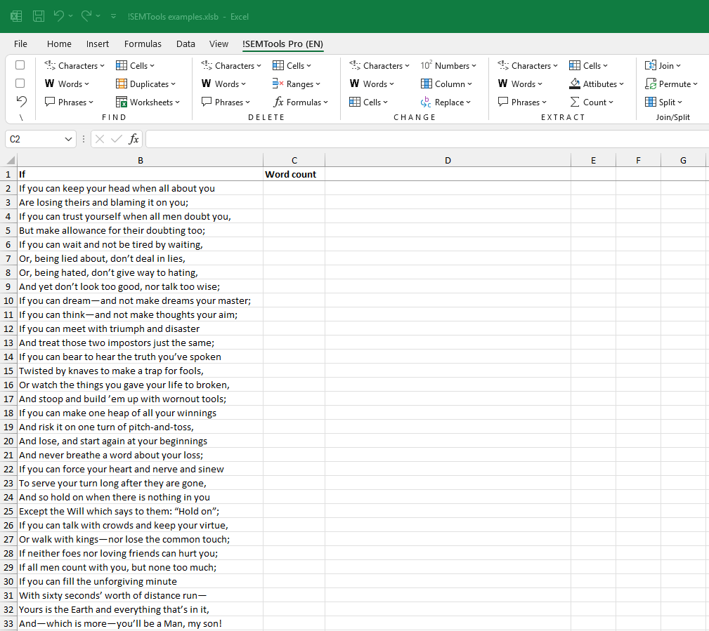 Wordcount function in Excel