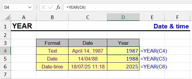 YEAR function in Excel - examples